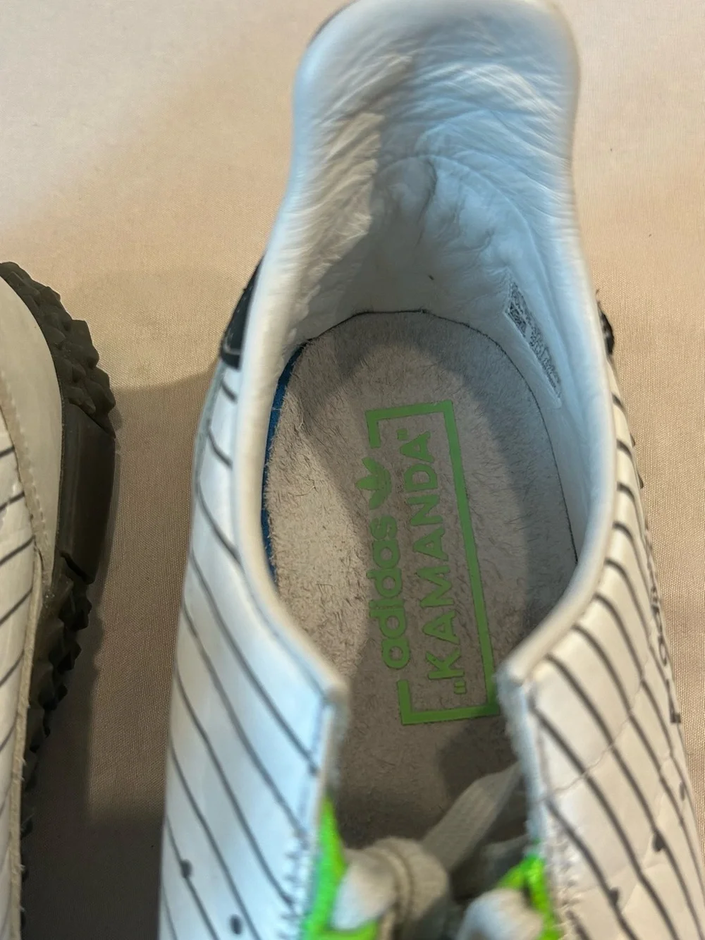 adidas mens Kamanda White Sneakers with Black and Neon Green Accents